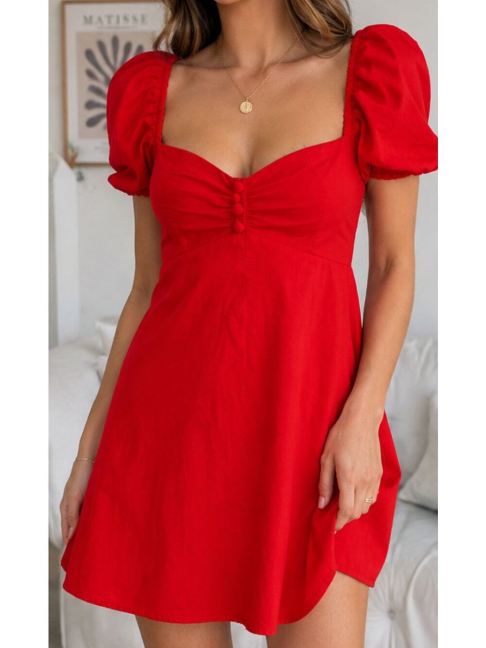 FK Pynappel Red Cotton Puff Sleeve Milkmaid Mini Dress Large